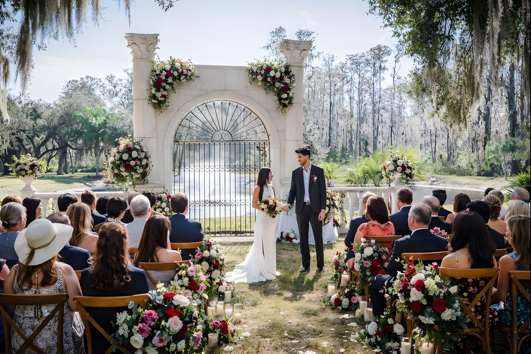 Bride and groom at the lakefront ceremony altar at Lake Louisa Chateau